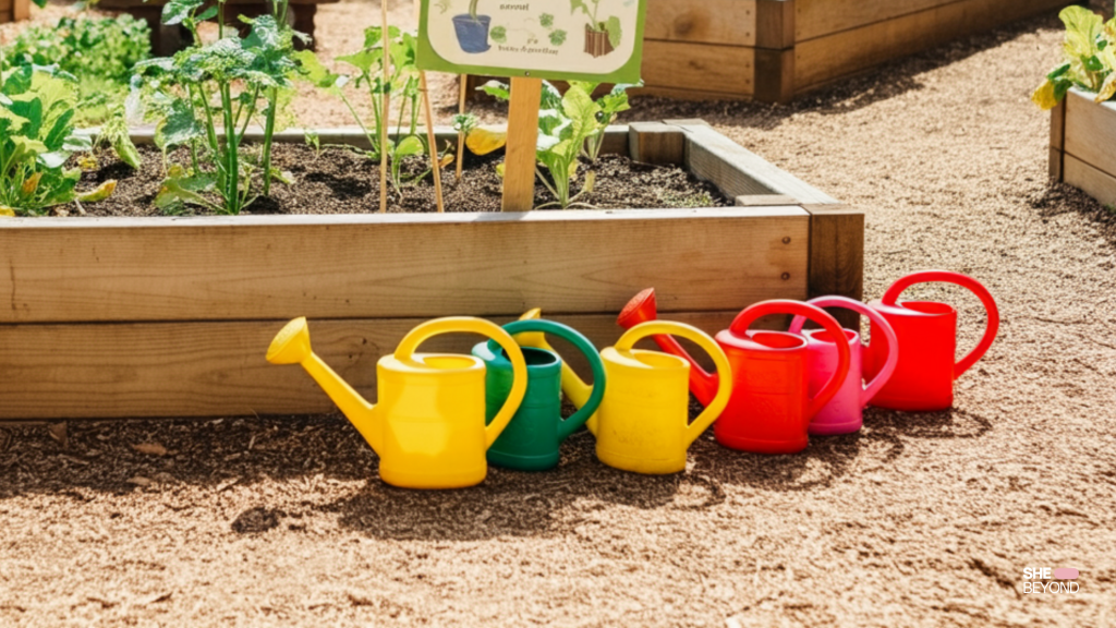 Watering cans in a garden, nurturing school options for expat kids